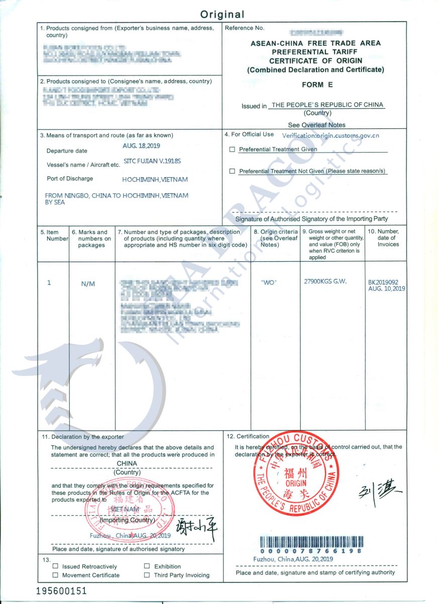 SEA DRAGON LOGISTICS- NHỮNG THAY ĐỔI CỦA CO FORM E THEO THÔNG TƯ 12-2019-TT-BCT