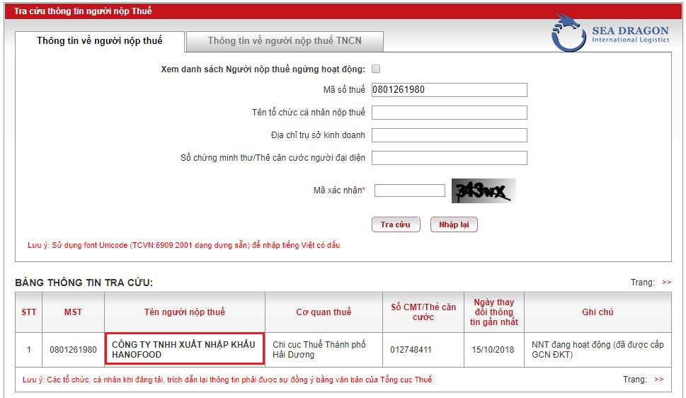 SEADRAGON LOGISTICS-HƯỚNG DÃN CÁCH TRA CỨU MÃ CHƯƠNG CỦA CÔNG TY ĐỂ NỘP THUẾ XUẤT NHẬP KHẨU 02