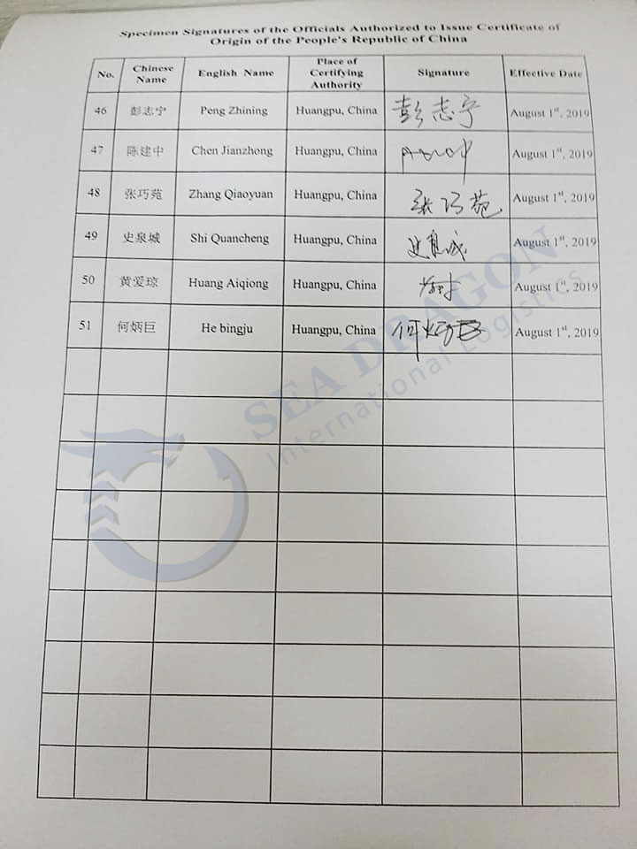 Sea Dragon Logistics - danh sách Tên và Chữ Ký trên CO form E của Hải quan HuangPu, trung quốc 4